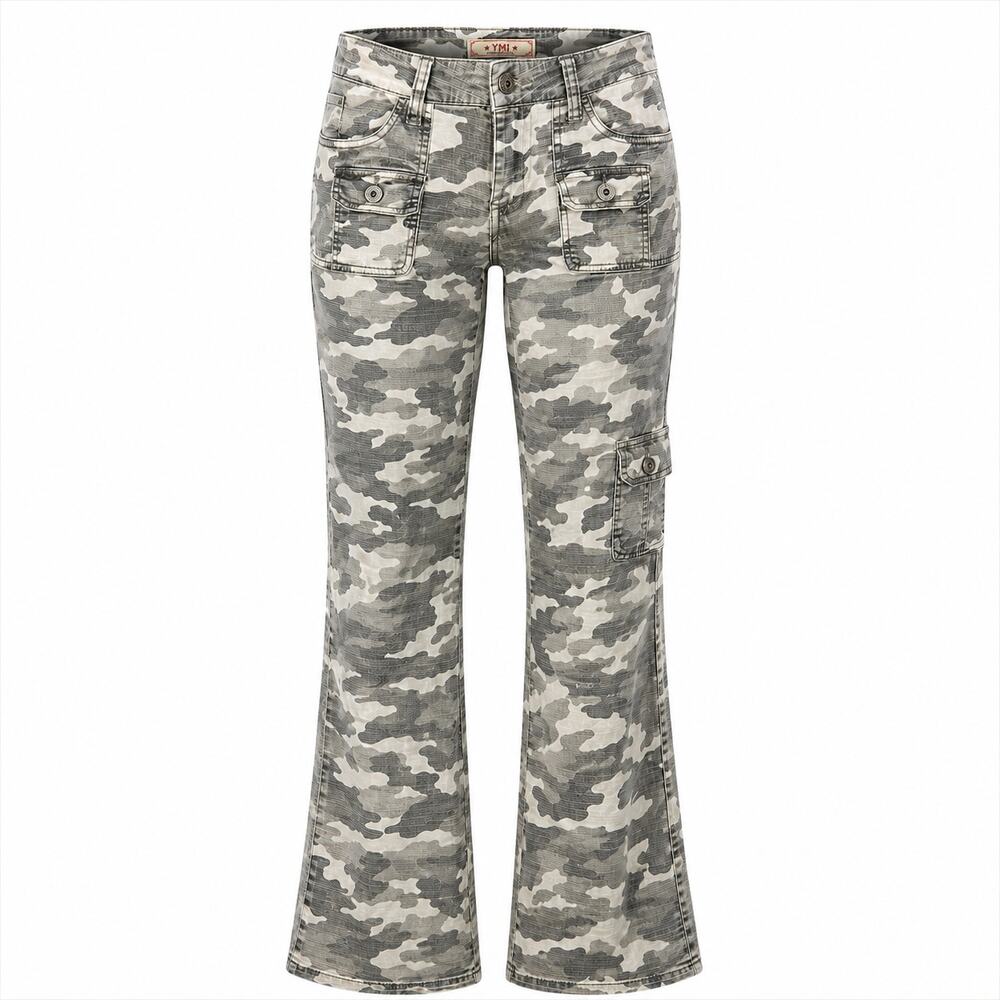00s Y2K YMI Low Rise Flare Camo Cargo Utility Pants Grunge Streetwear Size 2–4